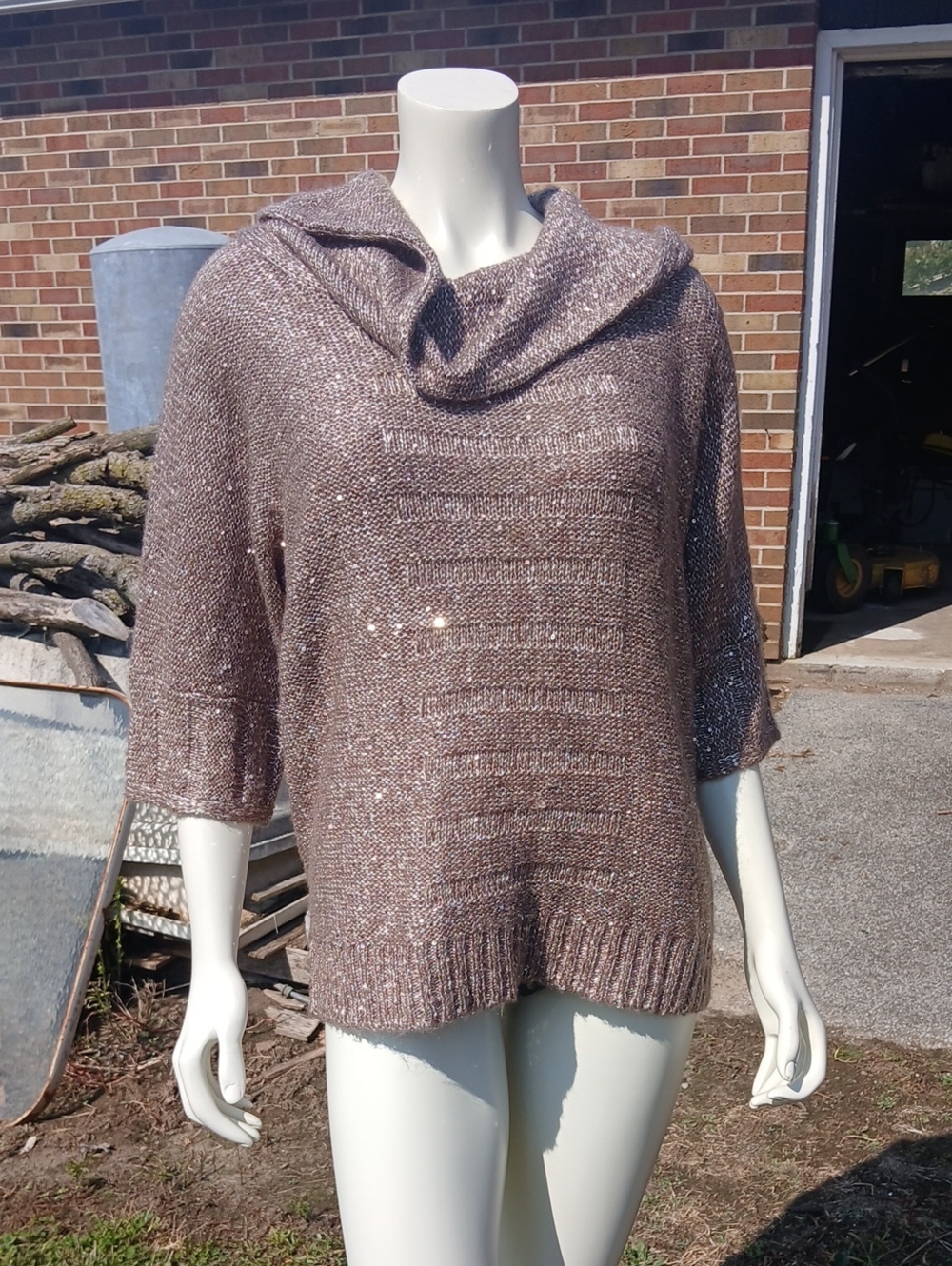 NWT Chico''s Taupe Metallic Knit Cowl Neck Sweater Size Chicos 2
